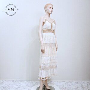 Me 2 Magic Boho Tiered Embroide Spaghetti Straps Lace Eyelets Tassels Midi Dress